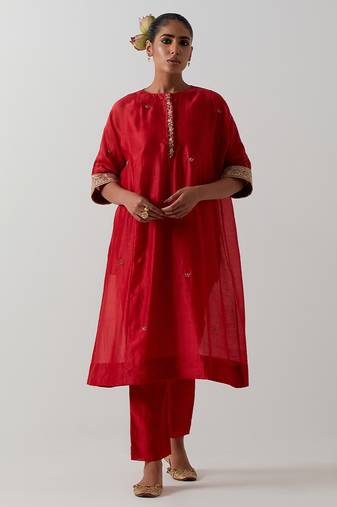 Orange plain chanderi kurta set