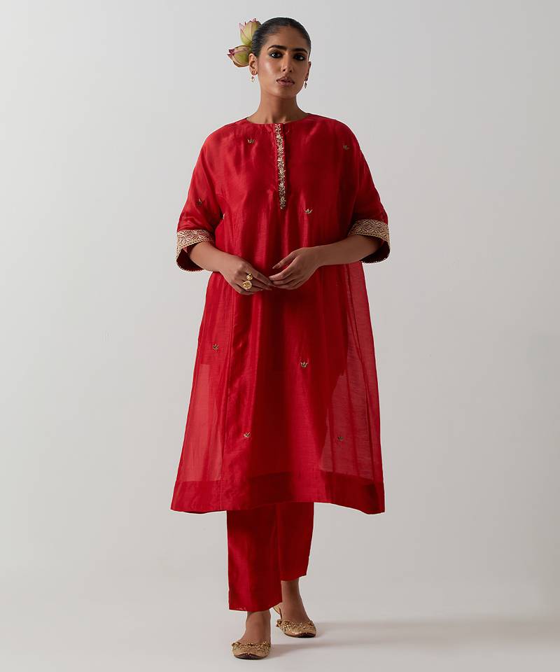 Orange plain chanderi kurta set