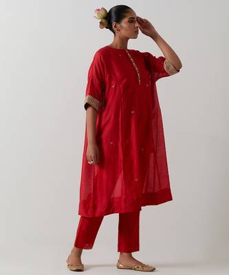 Red plain chanderi kurta set 3