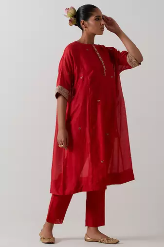 Red plain chanderi kurta set