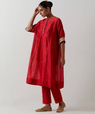 Red plain chanderi kurta set 4
