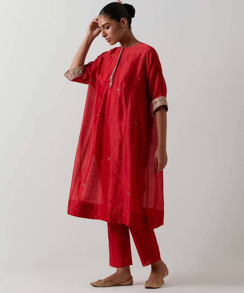 Orange plain chanderi kurta set