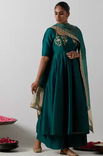 Green embroidered chanderi anarkali set