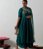 Green embroidered chanderi anarkali set