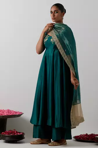 Green embroidered chanderi anarkali set