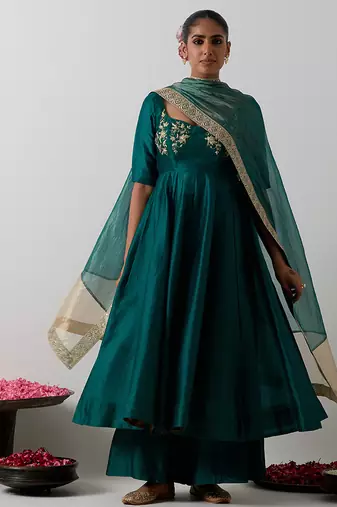 Green embroidered chanderi anarkali set