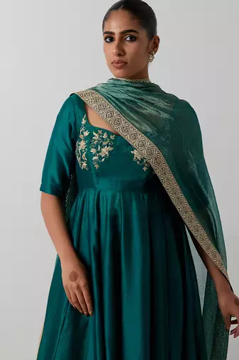 Green embroidered chanderi anarkali set