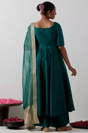 Green embroidered chanderi anarkali set