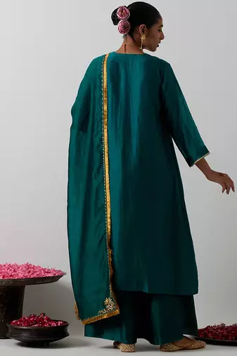 Green plain chanderi kurta set
