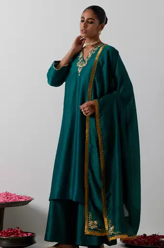Green plain chanderi kurta set