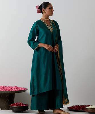 Green plain chanderi kurta set 4
