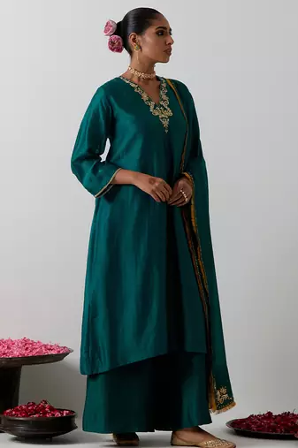 Green plain chanderi kurta set