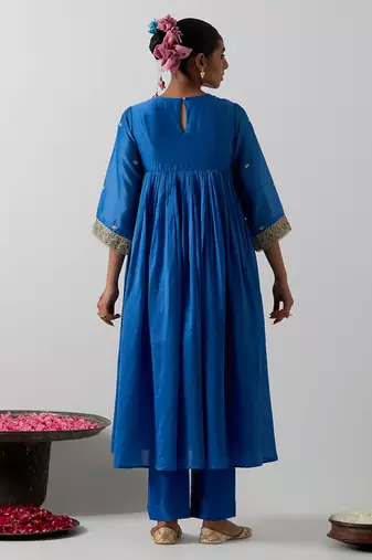 Blue embroidered chanderi anarkali set