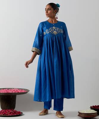 Blue embroidered chanderi anarkali set 1