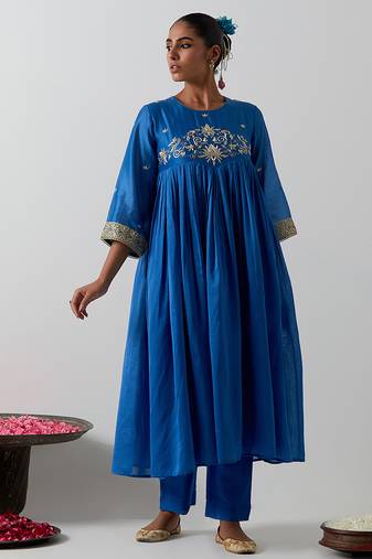 Blue embroidered chanderi anarkali set