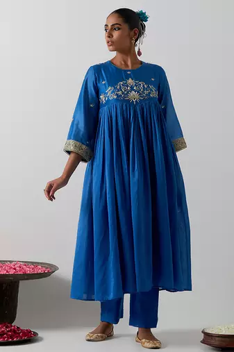 Blue embroidered chanderi anarkali set