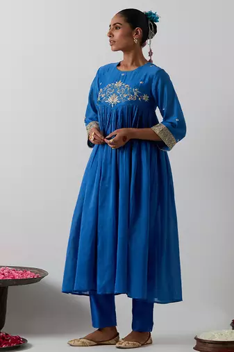 Blue embroidered chanderi anarkali set