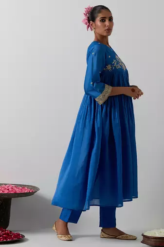 Blue embroidered chanderi anarkali set