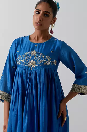 Blue embroidered chanderi anarkali set