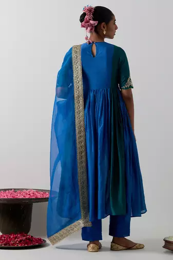 Blue embroidered chanderi anarkali set