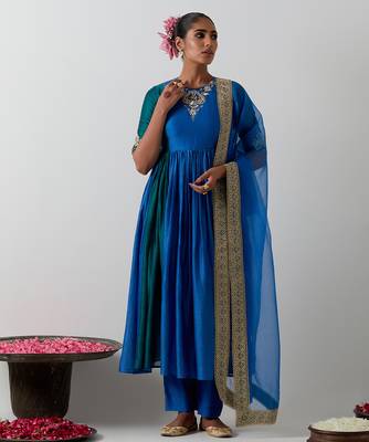 Blue embroidered chanderi anarkali set 1