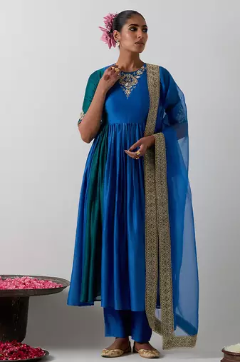 Blue embroidered chanderi anarkali set