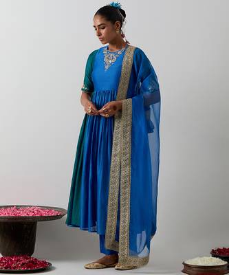 Blue embroidered chanderi anarkali set 3