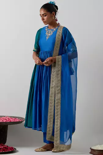 Blue embroidered chanderi anarkali set