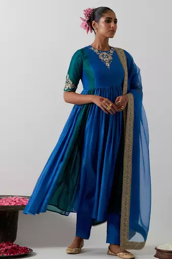 Blue embroidered chanderi anarkali set