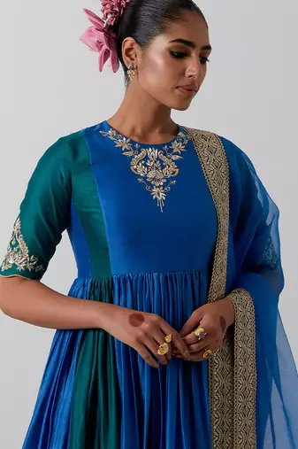 Blue embroidered chanderi anarkali set