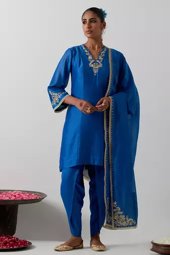 Blue embroidered chanderi kurta set