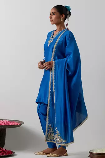 Blue embroidered chanderi kurta set