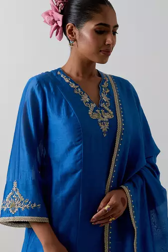 Blue embroidered chanderi kurta set