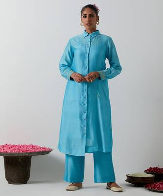 Blue plain chanderi kurta set 1