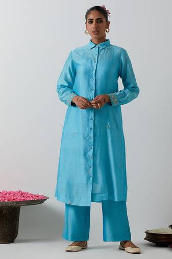 Blue plain chanderi kurta set