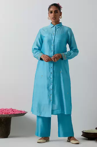 Blue plain chanderi kurta set