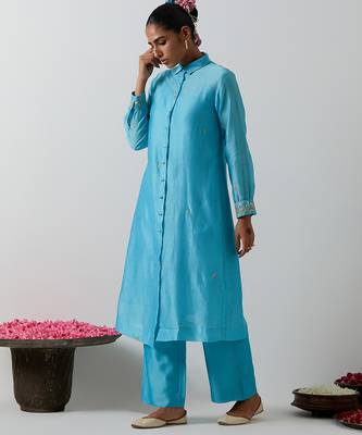 Blue plain chanderi kurta set 3