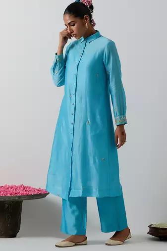 Blue plain chanderi kurta set