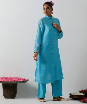 Blue plain chanderi kurta set 4
