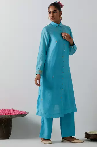 Blue plain chanderi kurta set