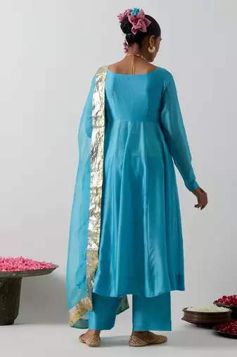 Blue embroidered chanderi anarkali set