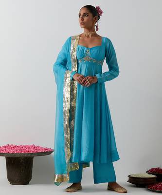 Blue embroidered chanderi anarkali set 1
