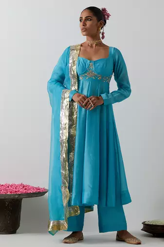 Blue embroidered chanderi anarkali set