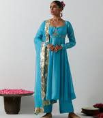 Blue embroidered chanderi anarkali set
