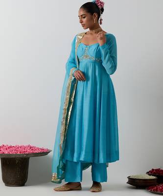 Blue embroidered chanderi anarkali set 3