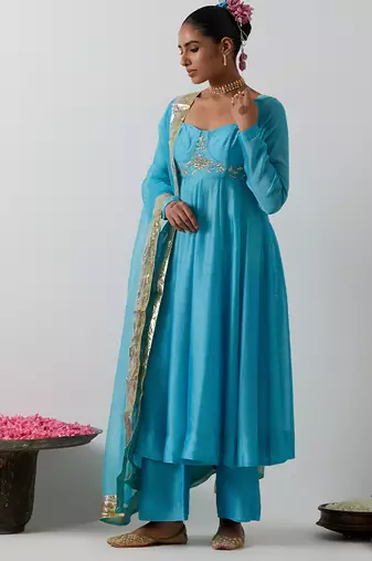 Blue embroidered chanderi anarkali set