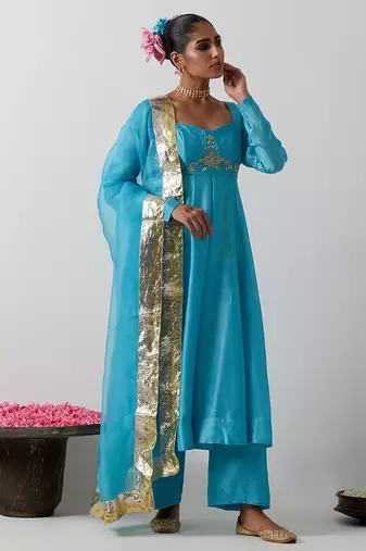 Blue embroidered chanderi anarkali set