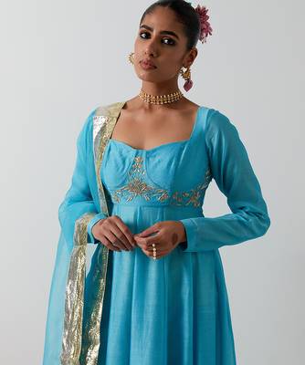 Blue embroidered chanderi anarkali set 5