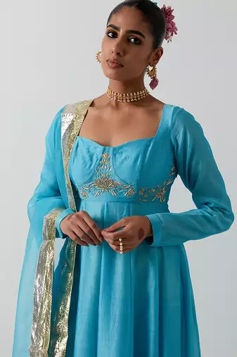 Blue embroidered chanderi anarkali set