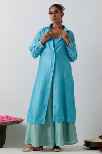 Blue plain chanderi co ord set